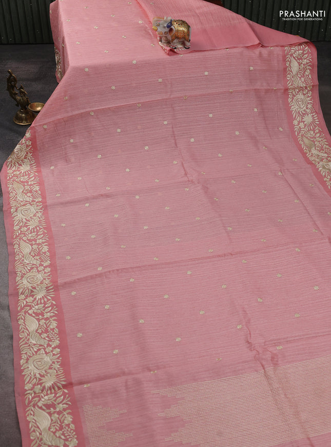 Jute silk saree peach shade with embroidery buttas and parsi embroidery border