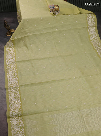 Jute silk saree pista green with embroidery buttas and parsi embroidery border