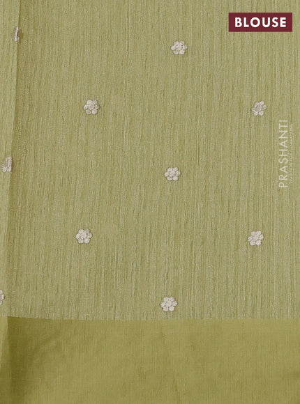 Jute silk saree pista green with embroidery buttas and parsi embroidery border