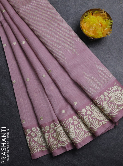 Jute silk saree pastel pink with embroidery buttas and parsi embroidery border