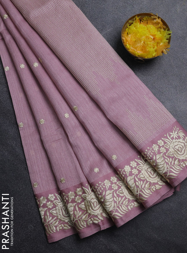 Jute silk saree pastel pink with embroidery buttas and parsi embroidery border