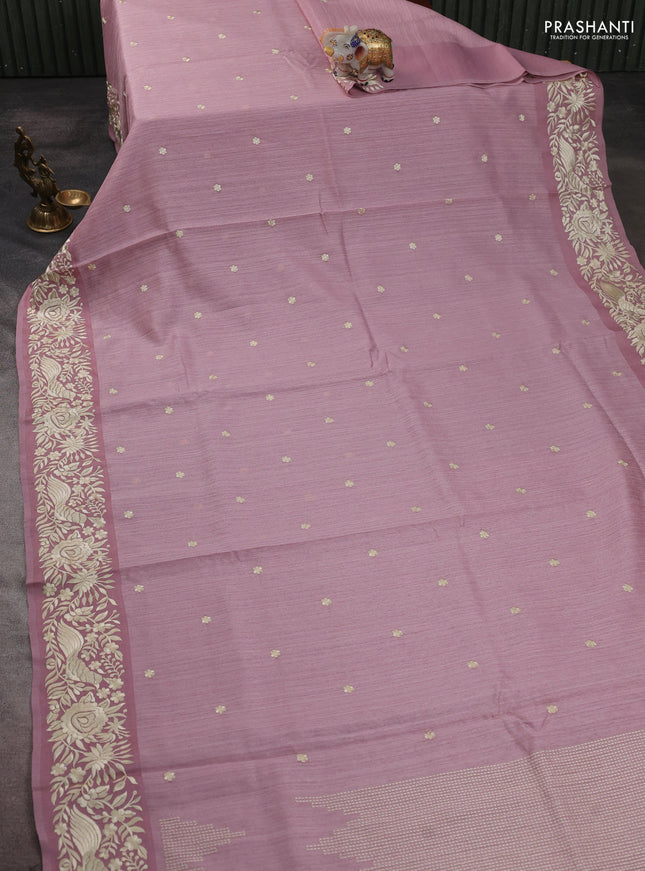 Jute silk saree pastel pink with embroidery buttas and parsi embroidery border