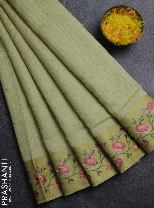 Jute silk saree pista green with embroidery buttas and floral embroidery butta border