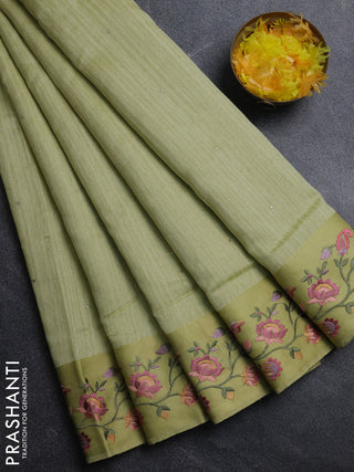 Jute silk saree pista green with embroidery buttas and floral embroidery butta border