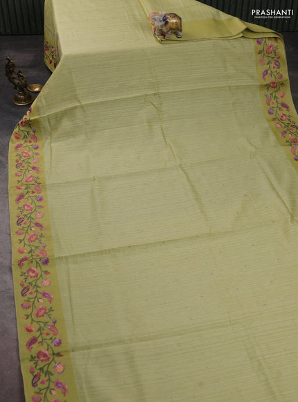 Jute silk saree pista green with embroidery buttas and floral embroidery butta border