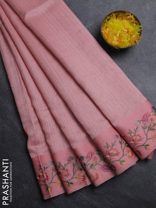 Jute silk saree peach shade with embroidery buttas and floral embroidery butta border