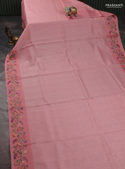Jute silk saree peach shade with embroidery buttas and floral embroidery butta border