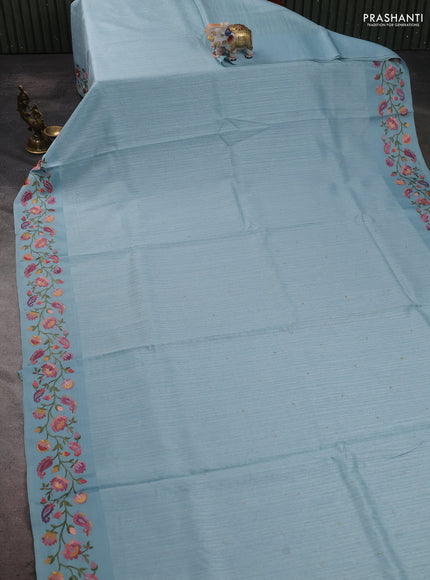 Jute silk saree pastel blue with embroidery buttas and floral embroidery butta border