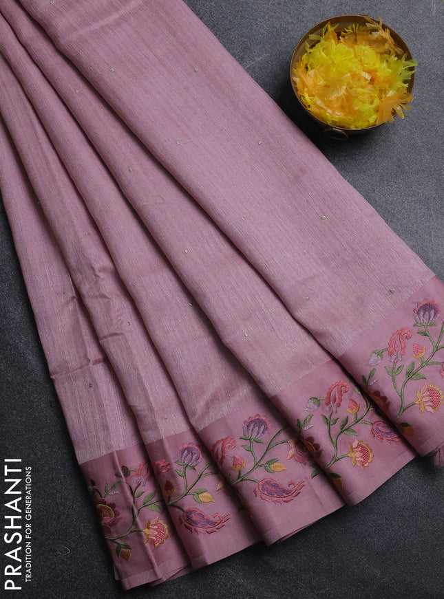 Jute silk saree pastel pink with embroidery buttas and floral embroidery butta border