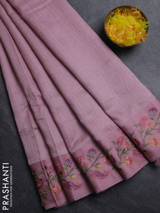 Jute silk saree pastel pink with embroidery buttas and floral embroidery butta border