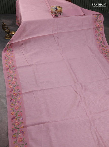 Jute silk saree pastel pink with embroidery buttas and floral embroidery butta border