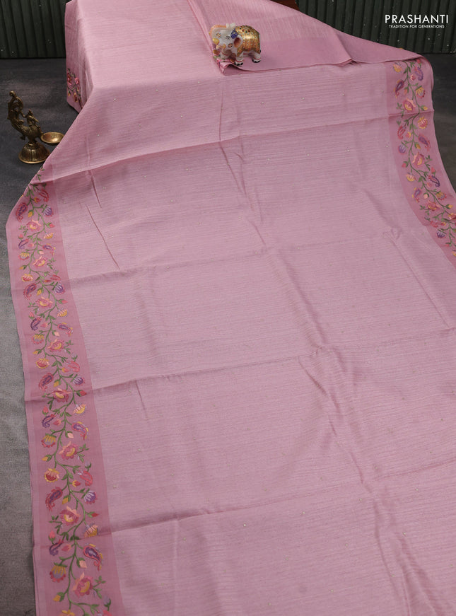 Jute silk saree pastel pink with embroidery buttas and floral embroidery butta border