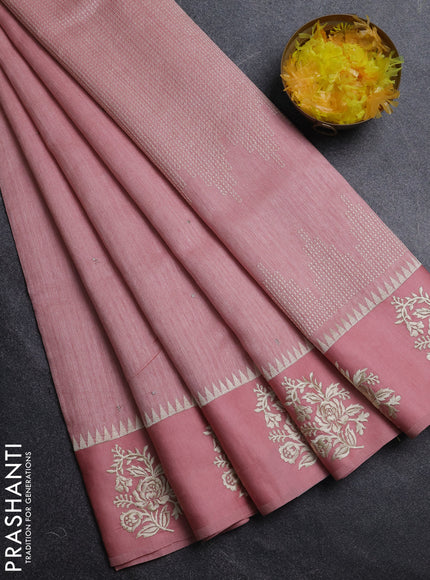 Jute silk saree peach shade with embroidery buttas and floral embroidery butta border