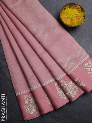 Jute silk saree peach shade with embroidery buttas and floral embroidery butta border