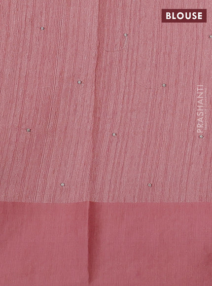 Jute silk saree peach shade with embroidery buttas and floral embroidery butta border