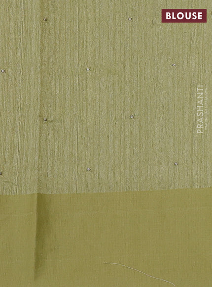 Jute silk saree pista green with embroidery buttas and floral embroidery butta border