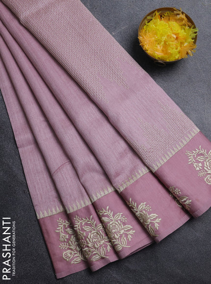 Jute silk saree pastel pink with embroidery buttas and floral embroidery butta border