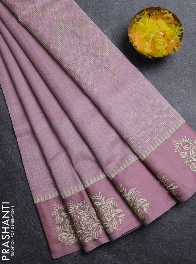 Jute silk saree pastel pink with embroidery buttas and floral embroidery butta border