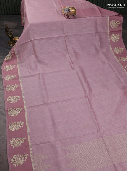 Jute silk saree pastel pink with embroidery buttas and floral embroidery butta border