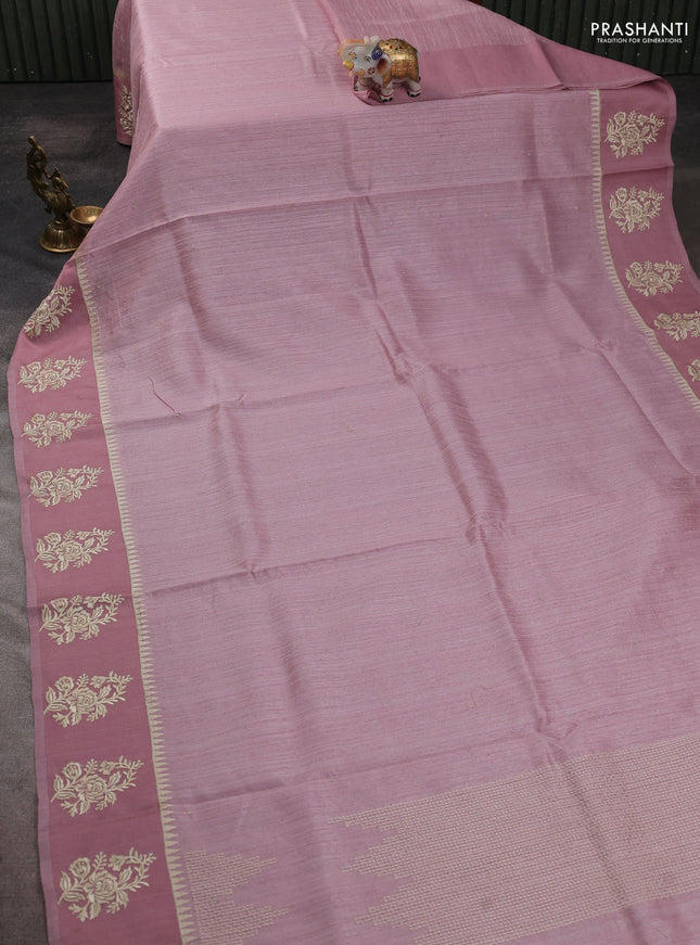 Jute silk saree pastel pink with embroidery buttas and floral embroidery butta border