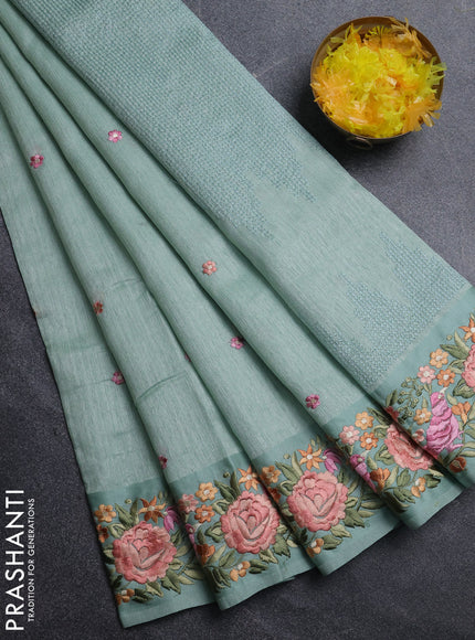Jute silk saree pastel green with embroidery buttas and parsi embroidery border