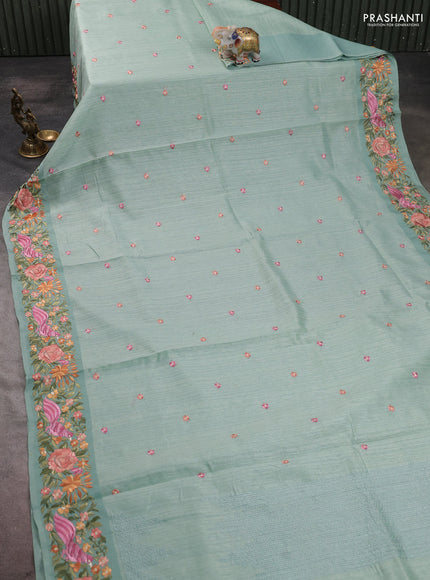 Jute silk saree pastel green with embroidery buttas and parsi embroidery border