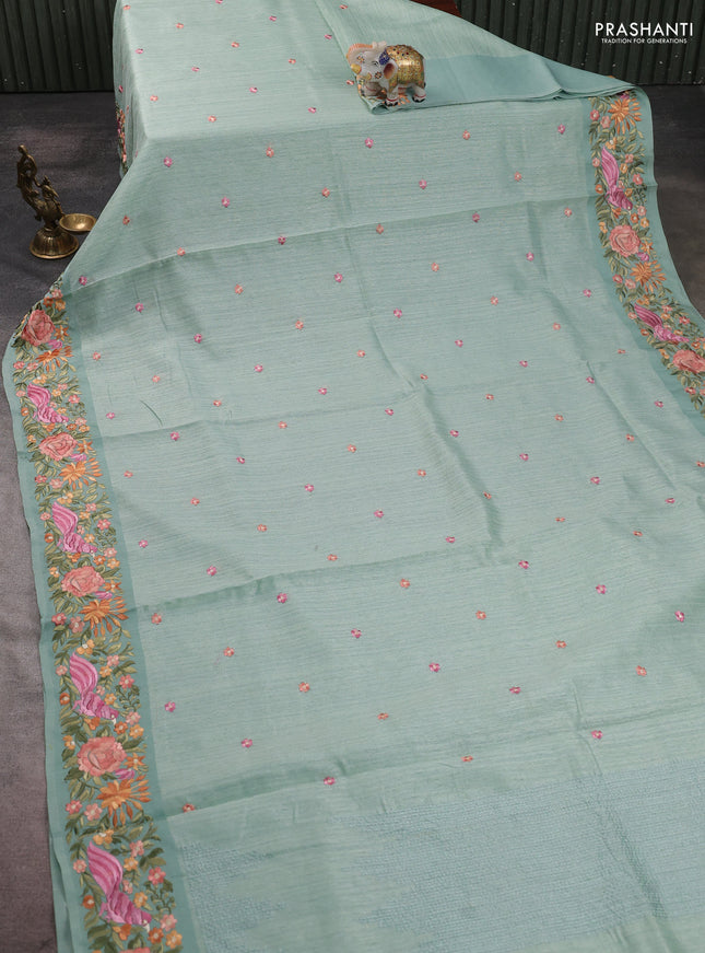 Jute silk saree pastel green with embroidery buttas and parsi embroidery border