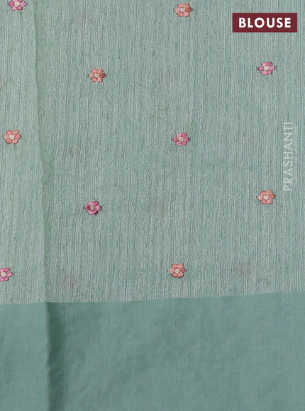 Jute silk saree pastel green with embroidery buttas and parsi embroidery border