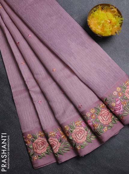 Jute silk saree pastel pink with embroidery buttas and parsi embroidery border