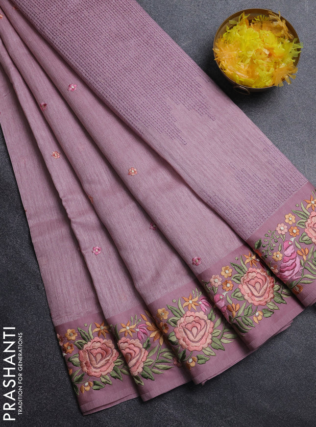 Jute silk saree pastel pink with embroidery buttas and parsi embroidery border