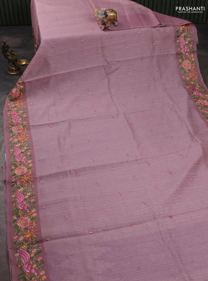 Jute silk saree pastel pink with embroidery buttas and parsi embroidery border