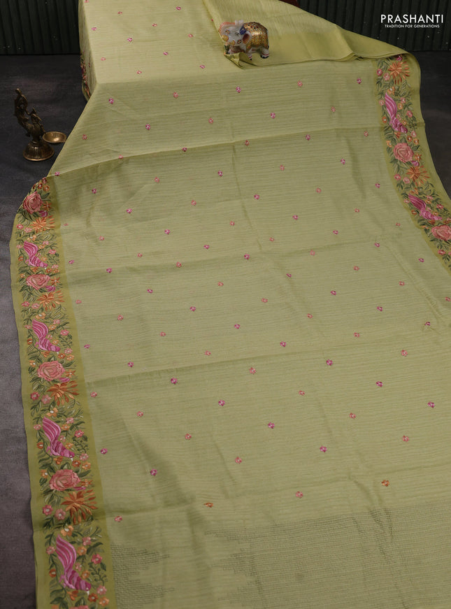 Jute silk saree pista green with embroidery buttas and parsi embroidery border