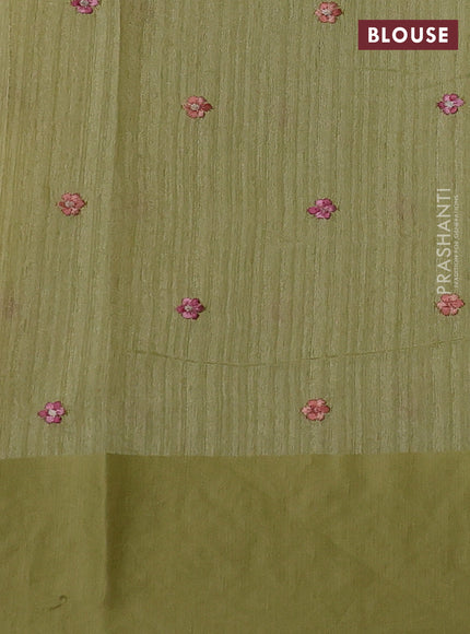 Jute silk saree pista green with embroidery buttas and parsi embroidery border