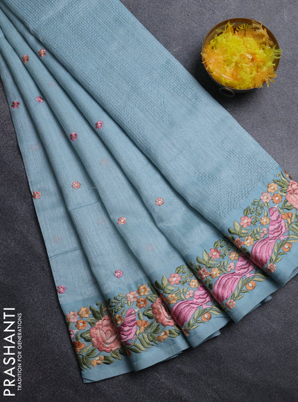 Jute silk saree pastel blue with embroidery buttas and parsi embroidery border