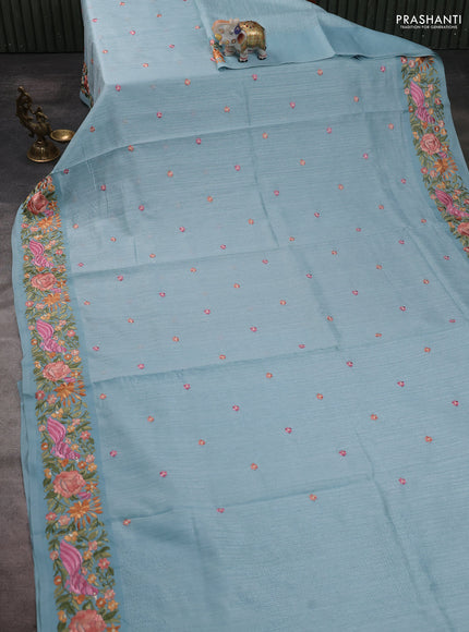 Jute silk saree pastel blue with embroidery buttas and parsi embroidery border
