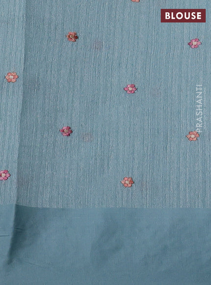 Jute silk saree pastel blue with embroidery buttas and parsi embroidery border