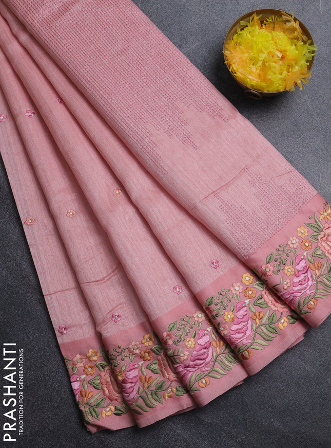 Jute silk saree peach shade with embroidery buttas and parsi embroidery border
