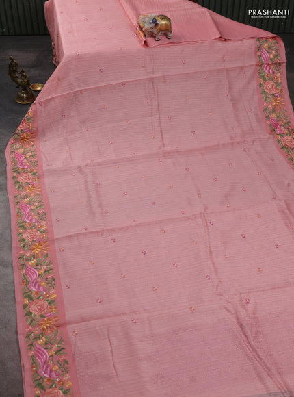 Jute silk saree peach shade with embroidery buttas and parsi embroidery border