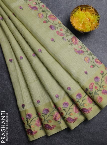 Jute silk saree pista green with embroidery buttas and floral embroidery butta border