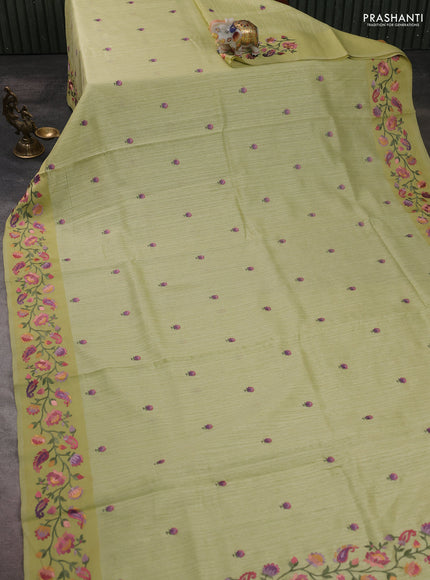 Jute silk saree pista green with embroidery buttas and floral embroidery butta border