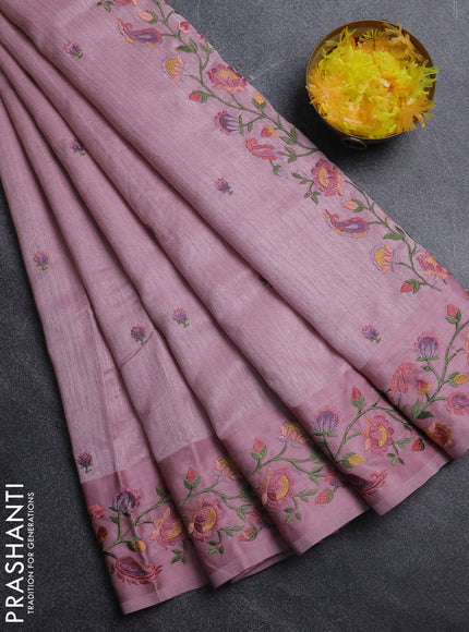 Jute silk saree pastel pink with embroidery buttas and floral embroidery butta border