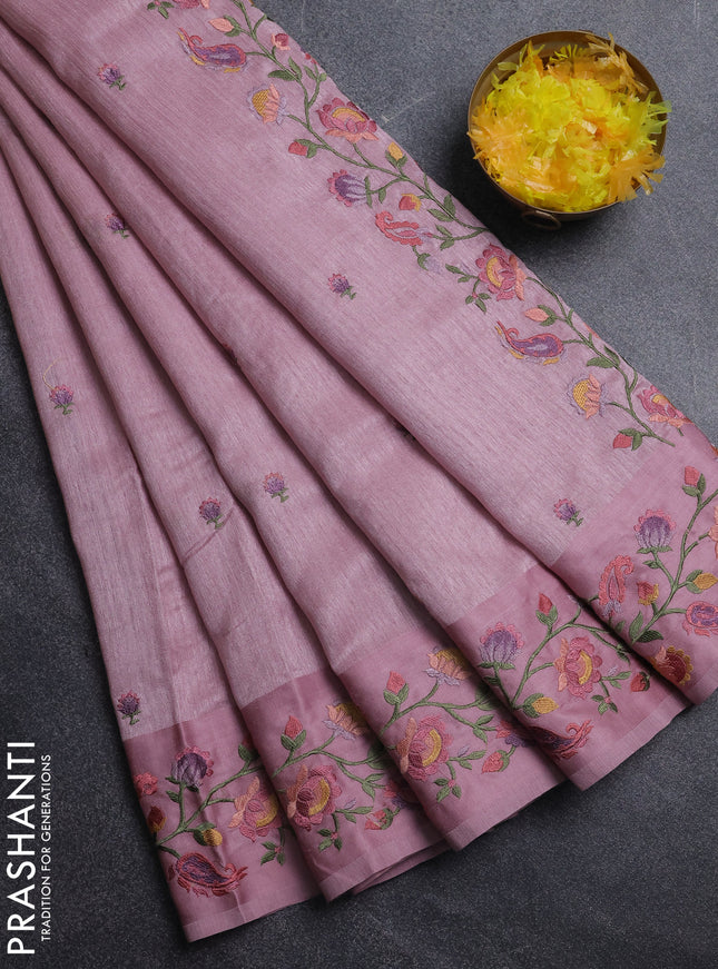Jute silk saree pastel pink with embroidery buttas and floral embroidery butta border