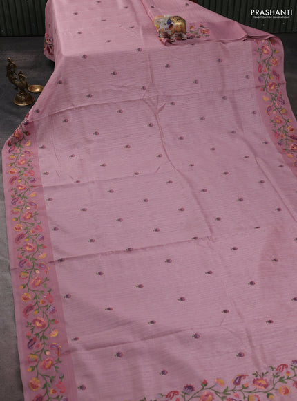 Jute silk saree pastel pink with embroidery buttas and floral embroidery butta border