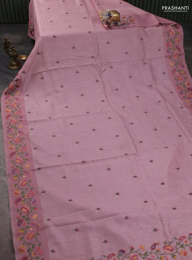 Jute silk saree pastel pink with embroidery buttas and floral embroidery butta border