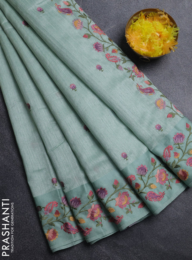Jute silk saree pastel green with embroidery buttas and floral embroidery butta border