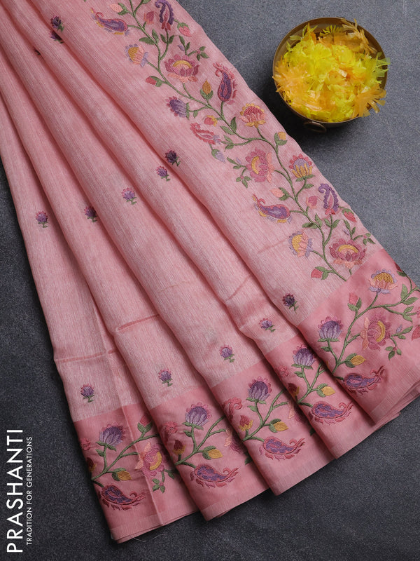 Jute silk saree peach shade with embroidery buttas and floral embroidery butta border