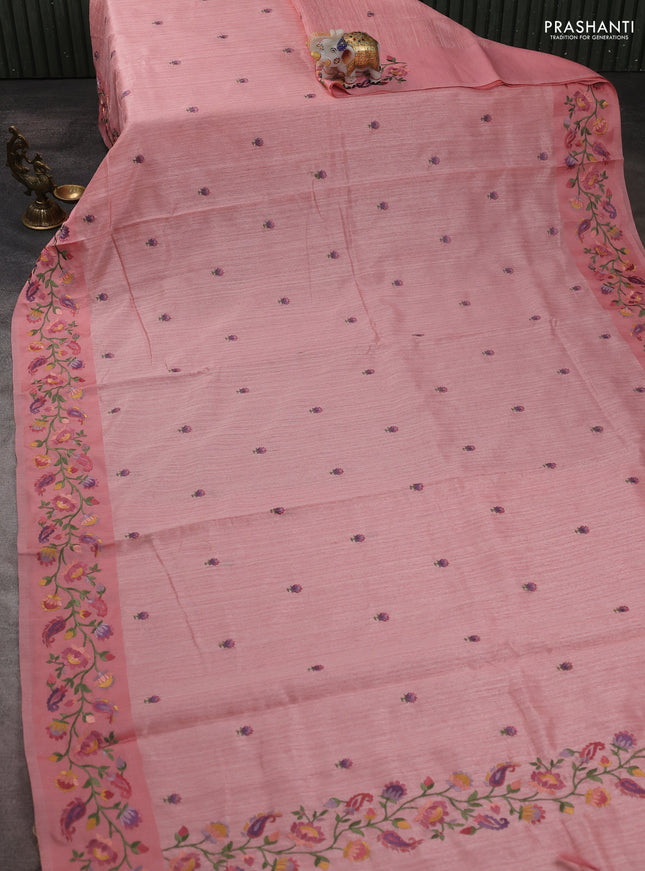 Jute silk saree peach shade with embroidery buttas and floral embroidery butta border