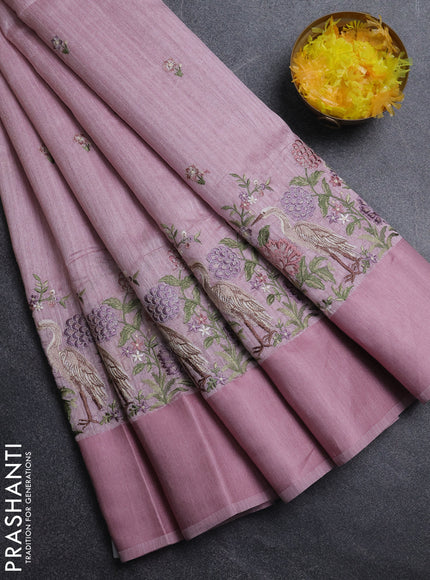 Jute silk saree pastel pink with embroidery buttas and long parsi embroidery simple border