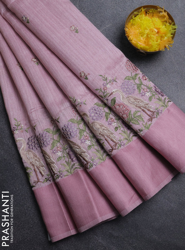 Jute silk saree pastel pink with embroidery buttas and long parsi embroidery simple border