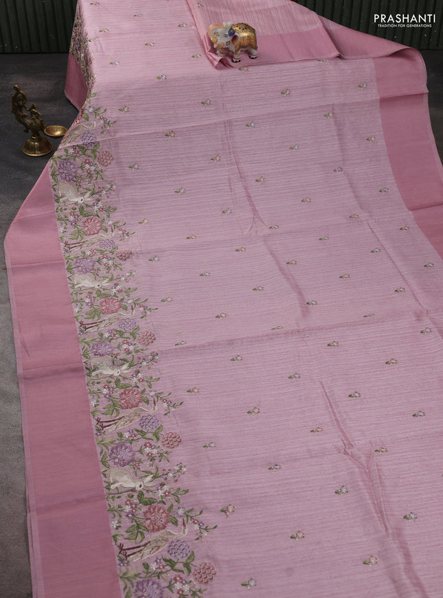 Jute silk saree pastel pink with embroidery buttas and long parsi embroidery simple border